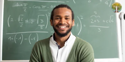 Lehrer steht lächelnd vor einer Tafel im Klassenzimmer