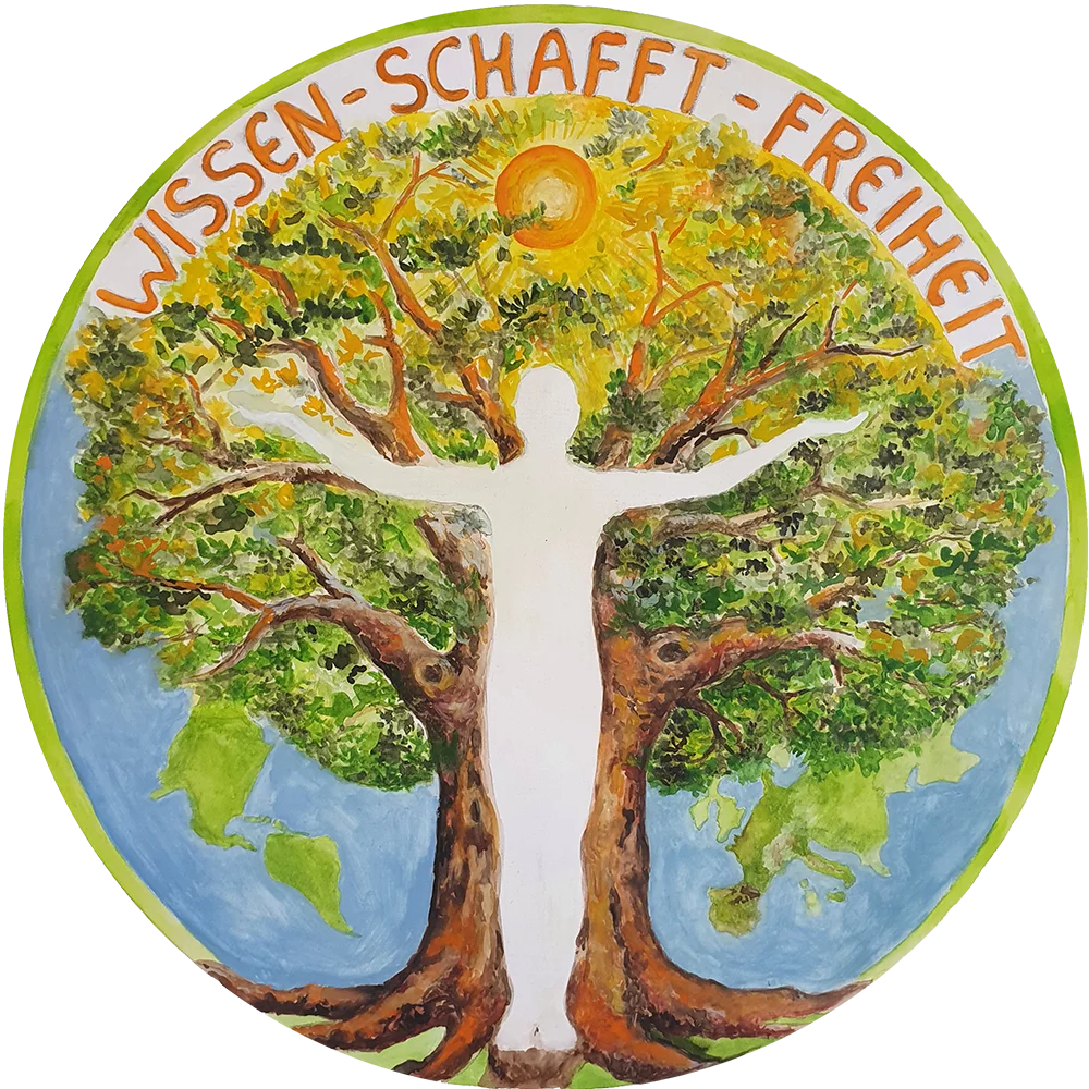 Logo mit einem Baum, dessen Stamm eine menschliche Figur bildet – Symbol für Wissen, Wachstum und persönliche Freiheit.
